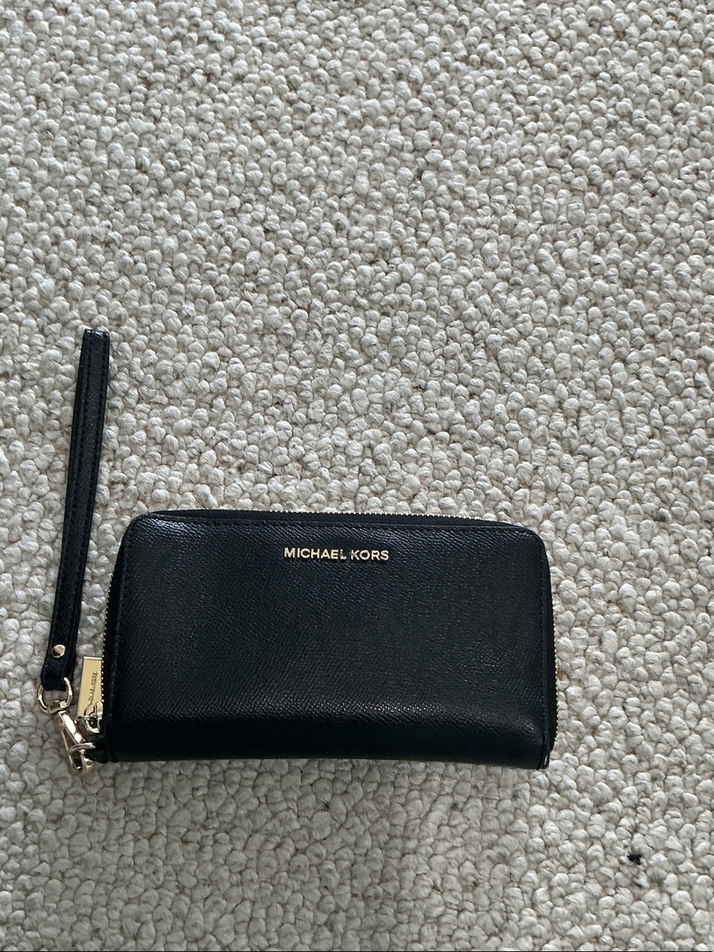Michael Kors Black Leather Zip-Around Wristlet Wallet with Gold Hardware